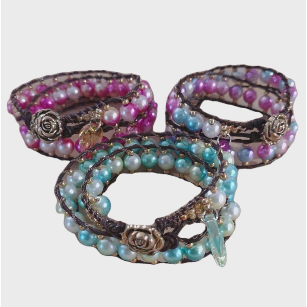 Double Wrap Beaded Leather Bracelets - Set of 3 with Leaf Charms